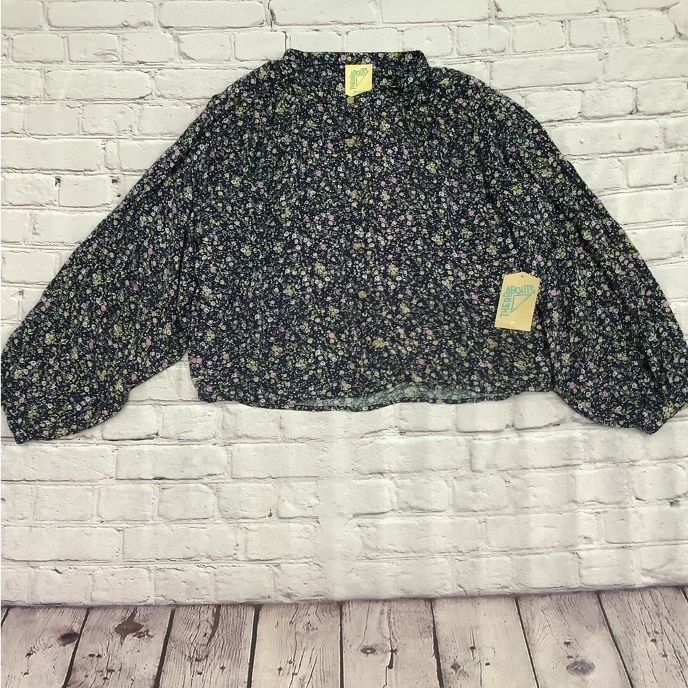 Thereabouts‎ Women’s 3XL Nwt navy shadow ditzy floral puff sleeves boho  top